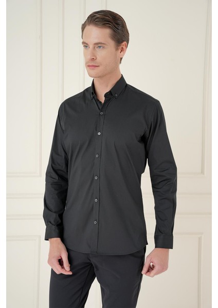 Slim Fit Düğmeli Yaka Esnek Klasik Siyah Gömlek Gk 746 fırsatları