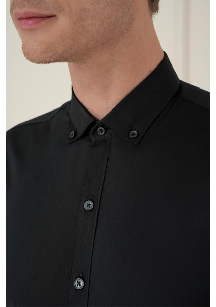 Slim Fit Düğmeli Yaka Esnek Klasik Siyah Gömlek Gk 746 indirimleri