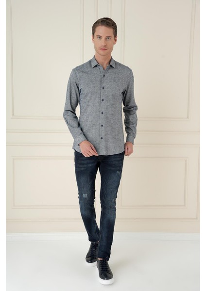 Slim Fit Dokulu %100 Pamuk Lacivert Gömlek G 1584