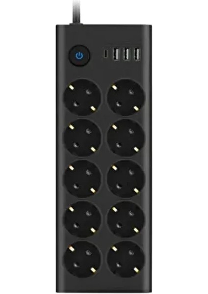 2 mt Uzatma Kablosu Çoklu Priz Termal Akım Korumalı 10'lu Priz 3x USB 1x Type-C Çıkışlı Priz