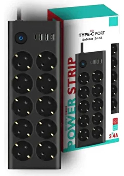 2 mt Uzatma Kablosu Çoklu Priz Termal Akım Korumalı 10'lu Priz 3x USB 1x Type-C Çıkışlı Priz fiyatları
