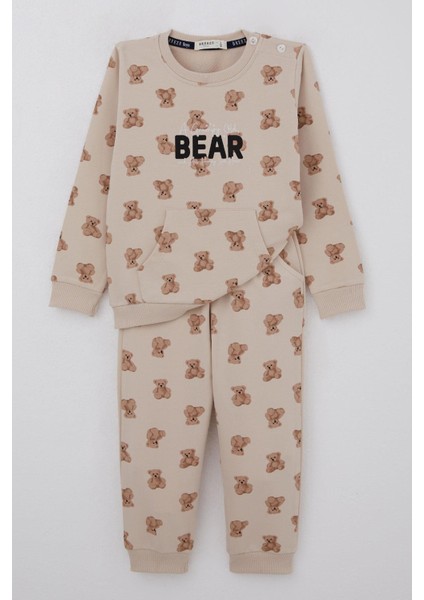Erkek Bebek Eşofman Takımı Sevimli Ayıcık Desenli Pantolonu Düğme Aksesuarlı 9 Ay-3 Yaş, Bej