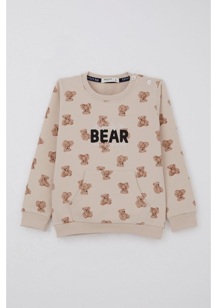 Erkek Bebek Eşofman Takımı Sevimli Ayıcık Desenli Pantolonu Düğme Aksesuarlı 9 Ay-3 Yaş, Bej fiyatları