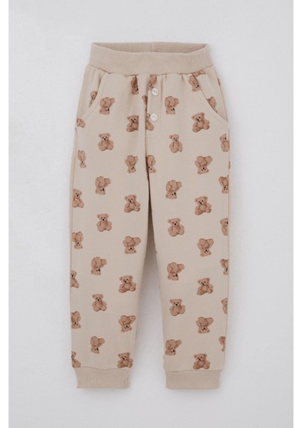 Erkek Bebek Eşofman Takımı Sevimli Ayıcık Desenli Pantolonu Düğme Aksesuarlı 9 Ay-3 Yaş, Bej modelleri