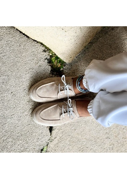 Bej Süet Hakiki Deri Kadın Günlük Rahat Bağcıklı Ayakkabı