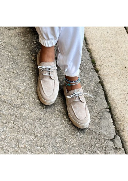 Bej Süet Hakiki Deri Kadın Günlük Rahat Bağcıklı Ayakkabı fiyatları