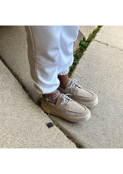 Bej Süet Hakiki Deri Kadın Günlük Rahat Bağcıklı Ayakkabı modelleri