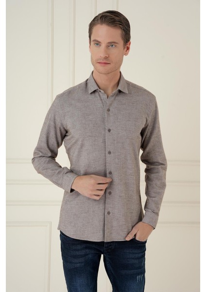 Slim Fit Dokulu %100 Pamuk Toprak Gömlek G 1584 modelleri