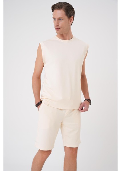 Comfort Fit Bisiklet Yaka Esnek Pamuk Kolsuz Spor Bej Tişört Ts 898 fırsatları