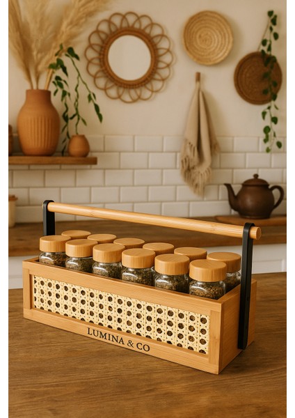 Sepetli 12’li Bambu Baharatlık Seti – 13 Parça Premium