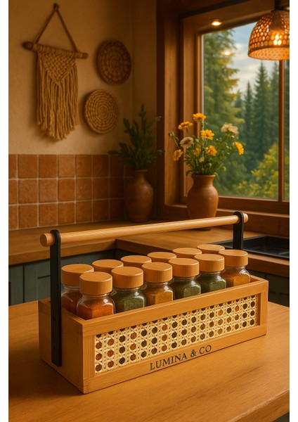 Sepetli 12’li Bambu Baharatlık Seti – 13 Parça Premium