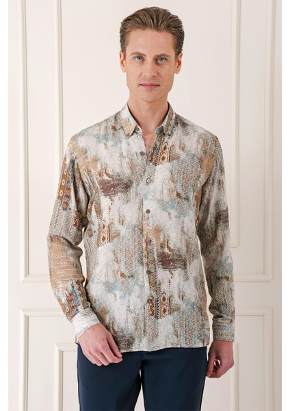 Comfort Fit Düğmeli Yaka Batik Desenli Pamuk Vizon Gömlek G 1566