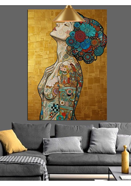 Altın Desenli Modern Kadın Portresi Dekoratif Kanvas - Mdf Ahşap Tablo