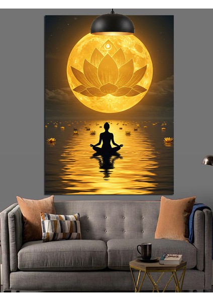 Altın Lotus Meditasyonu Dekoratif Kanvas - Mdf Ahşap Tablo