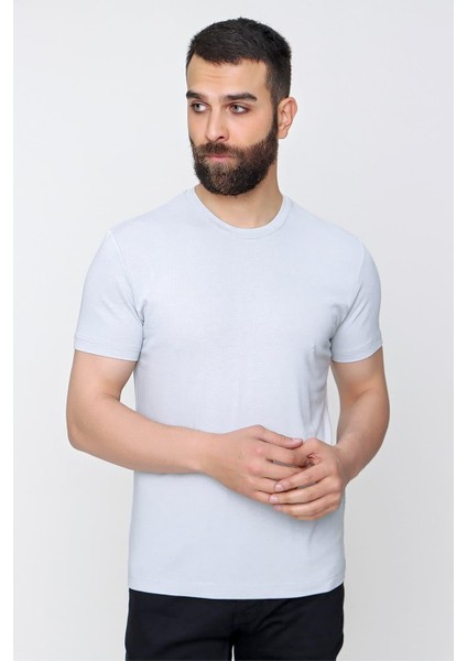 Slim Fit Bisiklet Yaka Düz Pamuklu Gri Tişört Ts 823