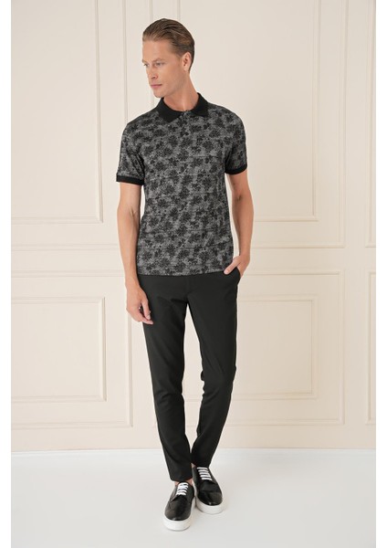 Slim Fit Dal Yaprak Desen Polo Yaka Pamuklu Siyah Tişört Ts 884