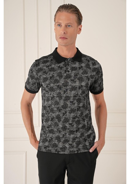 Slim Fit Dal Yaprak Desen Polo Yaka Pamuklu Siyah Tişört Ts 884 fiyatları