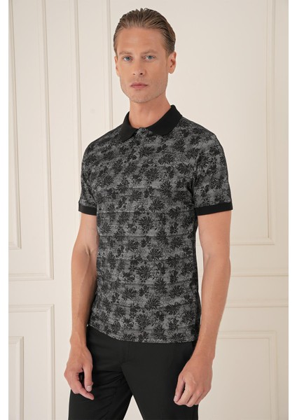 Slim Fit Dal Yaprak Desen Polo Yaka Pamuklu Siyah Tişört Ts 884 modelleri