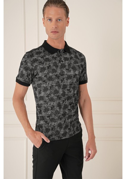 Slim Fit Dal Yaprak Desen Polo Yaka Pamuklu Siyah Tişört Ts 884 fırsatları