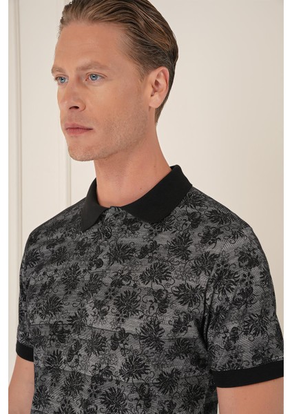 Slim Fit Dal Yaprak Desen Polo Yaka Pamuklu Siyah Tişört Ts 884 indirimleri