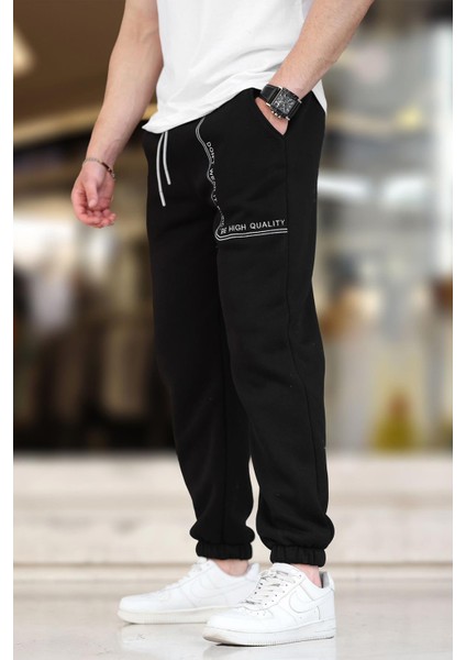 Siyah Erkek Paçası Lastikli Baskılı Eşofman Altı 6549