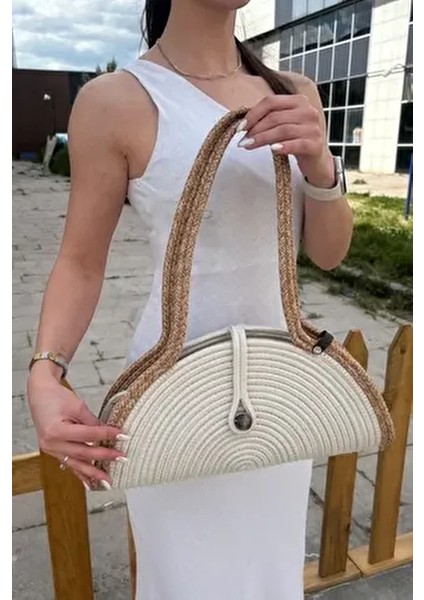 Mia Doğal Ahşap Boncuklu Hasır Görünümlü Kadın Omuz Çantası Basic Koleksiyon 40 cm