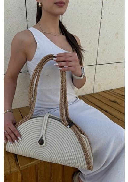 Mia Doğal Ahşap Boncuklu Hasır Görünümlü Kadın Omuz Çantası Basic Koleksiyon 40 cm fiyatları