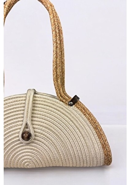 Mia Doğal Ahşap Boncuklu Hasır Görünümlü Kadın Omuz Çantası Basic Koleksiyon 40 cm fırsatları