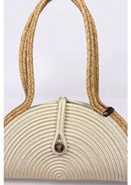 Mia Doğal Ahşap Boncuklu Hasır Görünümlü Kadın Omuz Çantası Basic Koleksiyon 40 cm