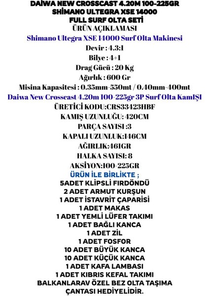 Crosscast 420CM 100-225GR Shimano Ultegra Xse 14000 Full Surf Olta Seti fiyatları