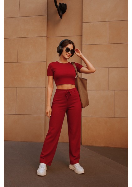 Kadın Bordo Crop Bol Paça Pantolon Alt Üst Takım