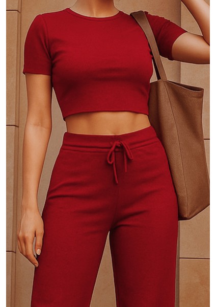 Kadın Bordo Crop Bol Paça Pantolon Alt Üst Takım fiyatları