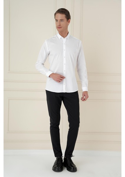 Slim Fit Düğmeli Yaka Esnek Klasik Beyaz Gömlek Gk 746