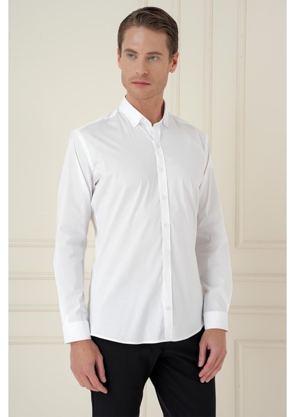 Slim Fit Düğmeli Yaka Esnek Klasik Beyaz Gömlek Gk 746 fiyatları