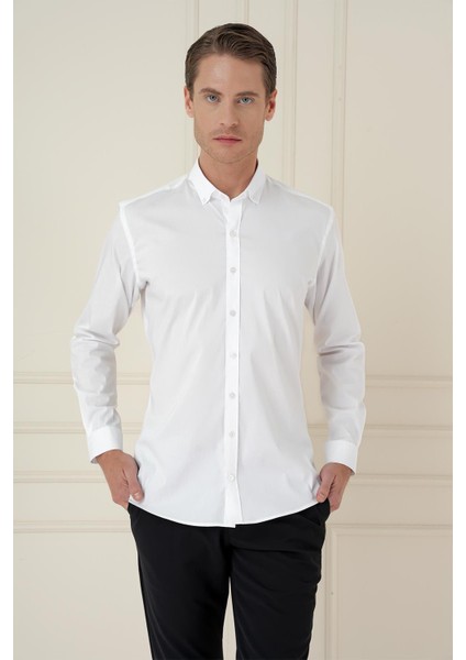 Slim Fit Düğmeli Yaka Esnek Klasik Beyaz Gömlek Gk 746 modelleri