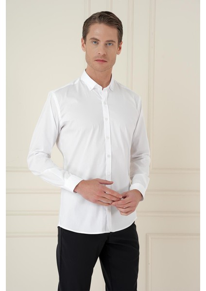 Slim Fit Düğmeli Yaka Esnek Klasik Beyaz Gömlek Gk 746 fırsatları