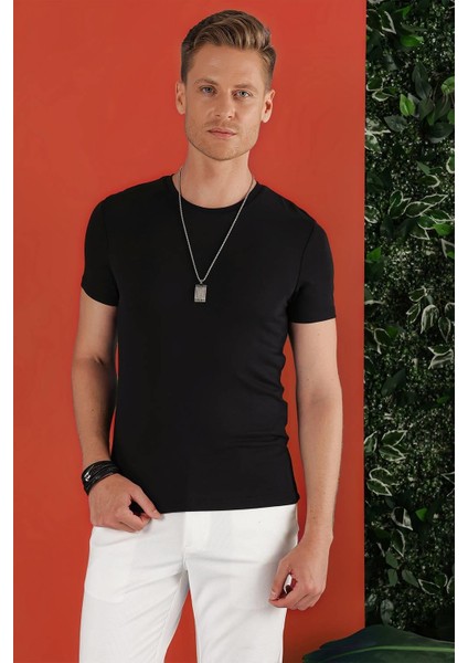 Slim Fit Bisiklet Yaka Düz Pamuklu Siyah Tişört Ts 823 fiyatları