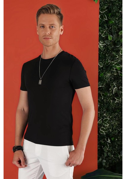 Slim Fit Bisiklet Yaka Düz Pamuklu Siyah Tişört Ts 823 fırsatları