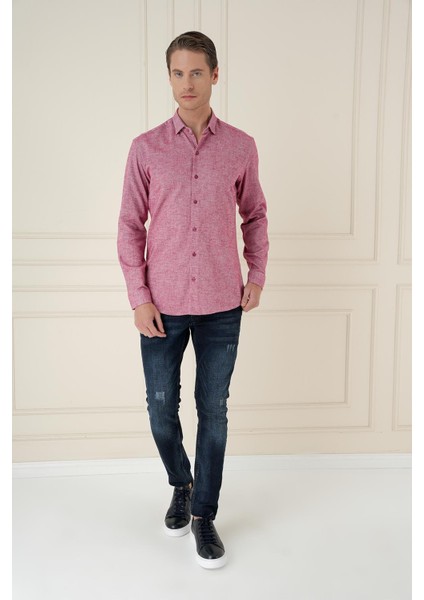 Slim Fit Dokulu %100 Pamuk Bordo Gömlek G 1584