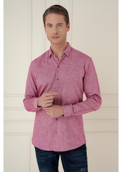 Slim Fit Dokulu %100 Pamuk Bordo Gömlek G 1584 modelleri