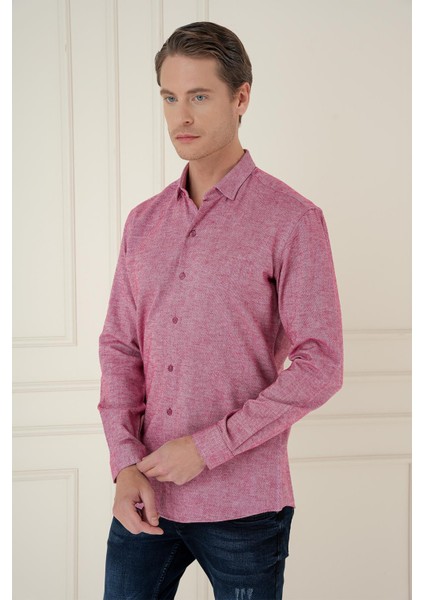 Slim Fit Dokulu %100 Pamuk Bordo Gömlek G 1584 fırsatları