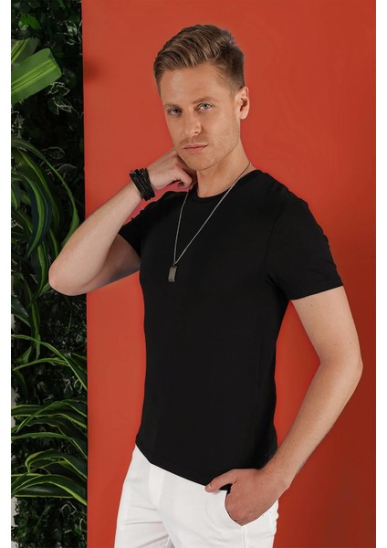 Slim Fit Bisiklet Yaka Düz Pamuklu Siyah Tişört Ts 823 indirimleri