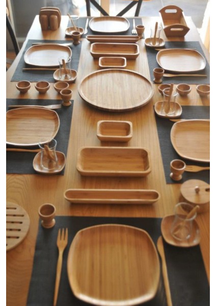İkon 57 Parça Bambu Kahvaltı Takımı – 6 Kişilik, Kare Tasarım ve Düz Desenli, Doğal Bambu Rengi indirimleri