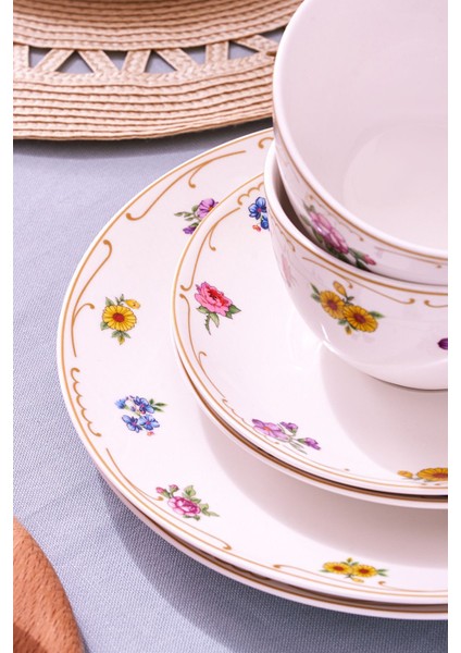 Forever Bone Natty 6 Kişilik 26 Parça Yuvarlak Desenli New Bone Porselen Kahvaltı Takımı