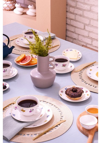 Forever Bone Natty 6 Kişilik 26 Parça Yuvarlak Desenli New Bone Porselen Kahvaltı Takımı