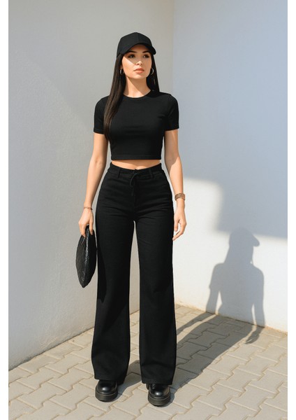 Kadın Siyah Crop Bol Paça Pantolon Alt Üst Takım fiyatları