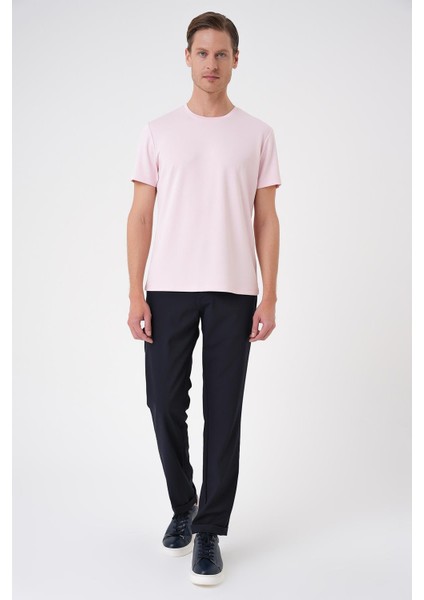 Comfort Fit Bisiklet Yaka Esnek Pamuk Casuel Pembe Tişört Ts 885