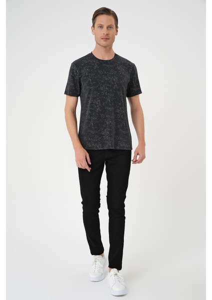 Comfort Fit Bisiklet Yaka Batik Görünmlü Kısa Kol Casual Siyah Tişört Ts 905