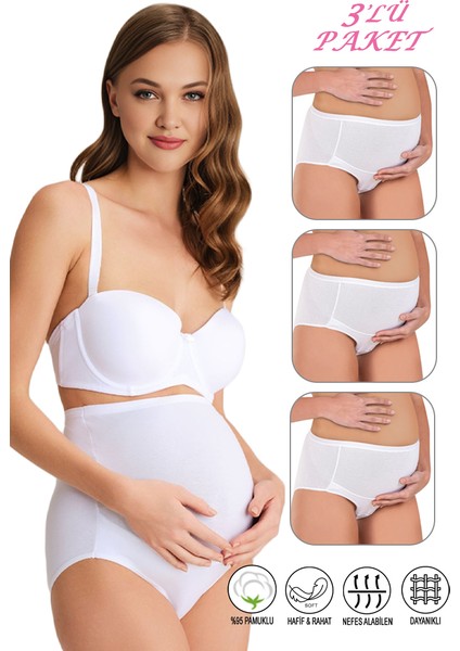 Özkan 23582 3'lü Paket Kadın Beyaz Renk Pamuklu Likralı Süprem Hamile Lohusa Yüksek Bel Bato Külot
