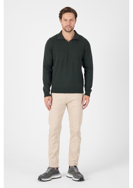 Haki Saf %100 Pamuk Erkek Patlı Düğmesiz Polo Yaka Triko Kazak fiyatları